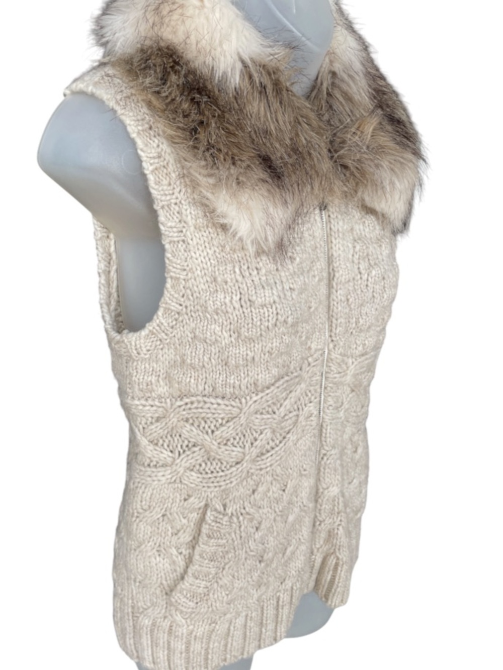 LOFT Faux Fur Collar Cable Knit Sweater Vest Women’s Size S